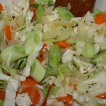 Onions, carrots, hot peppers, cabbage, leeks